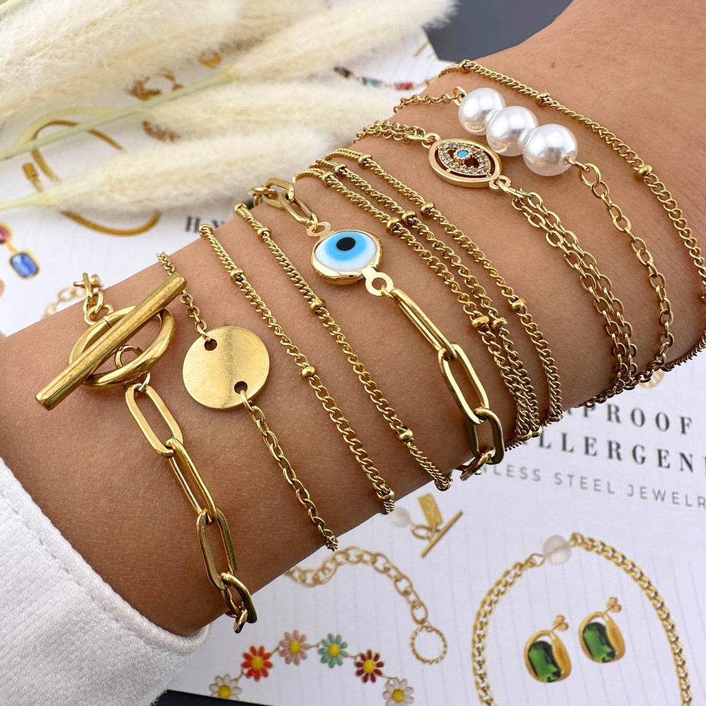 Evil Eye Bracelet, 18K Gold Plated Steel