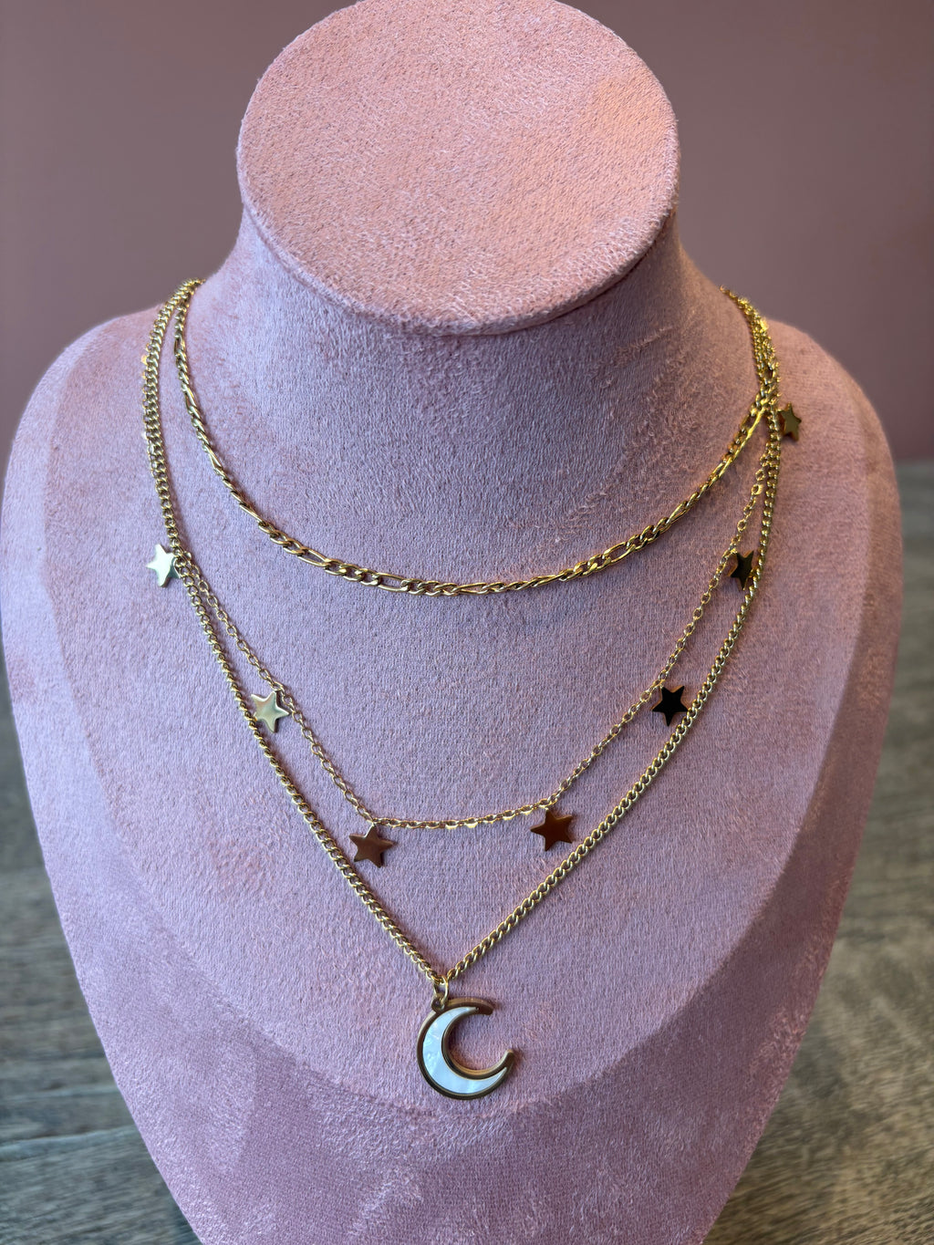 Crescent And Star Necklace, 18K Gold Plated Steel
