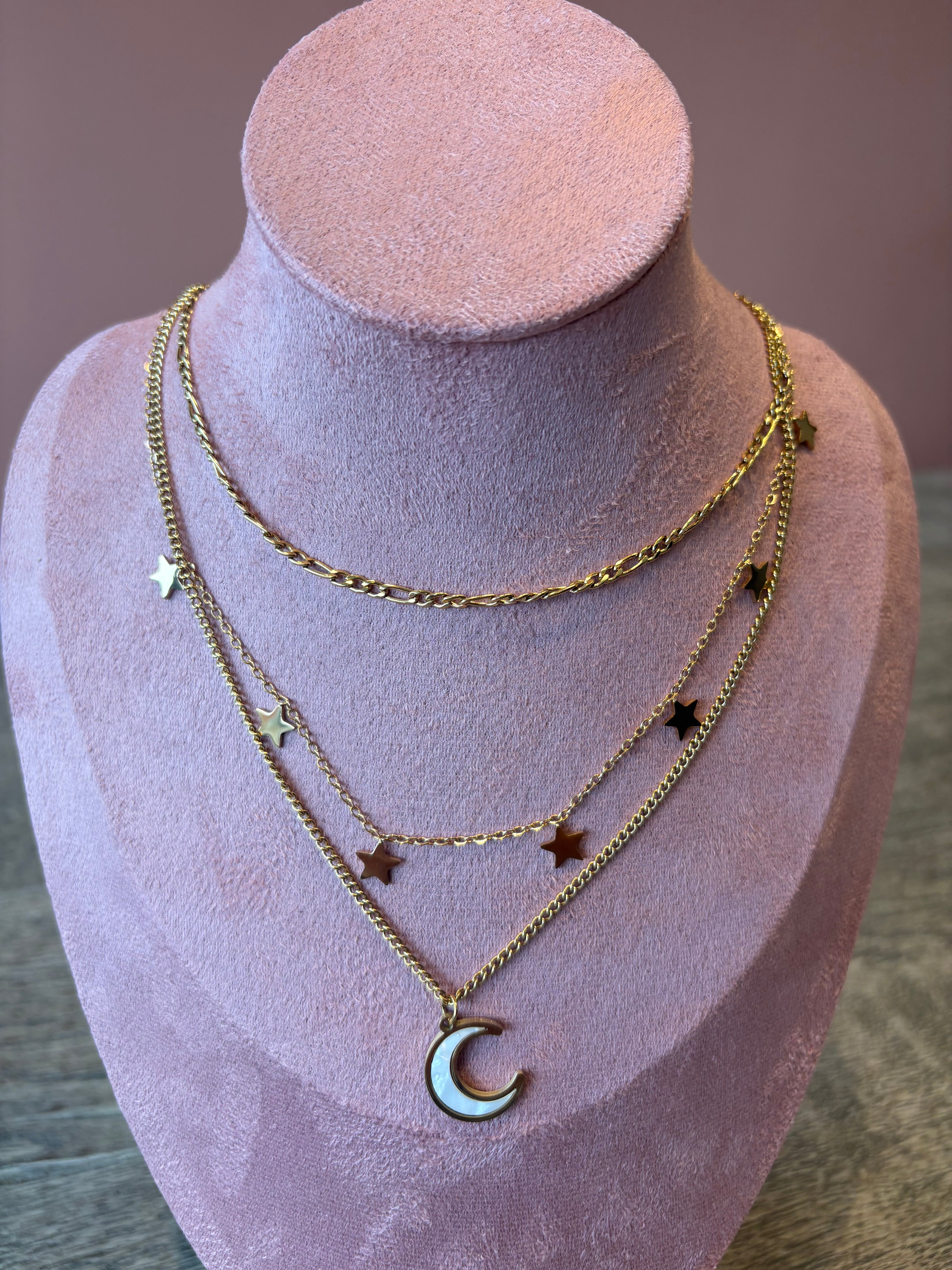 Crescent And Star Necklace, 18K Gold Plated Steel