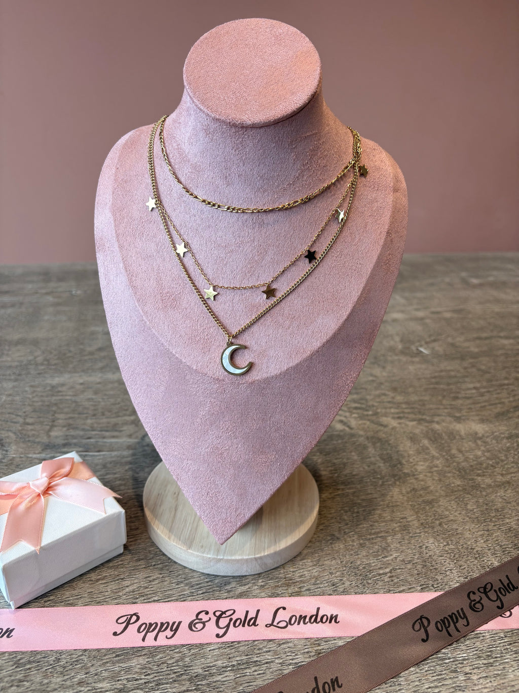 Crescent And Star Necklace, 18K Gold Plated Steel
