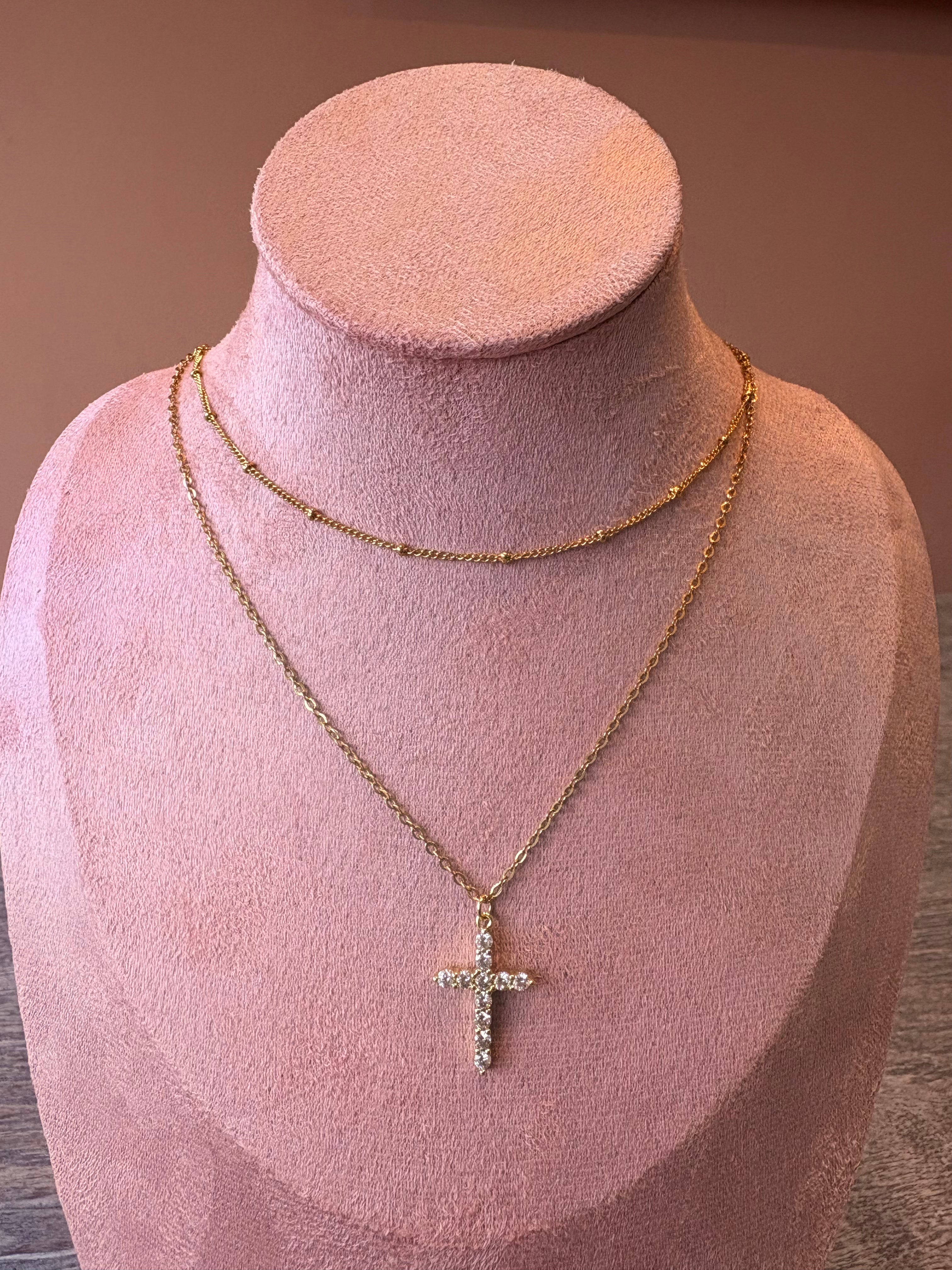 Crosses Necklace, 18K Gold Plated Steel stacked with two chains