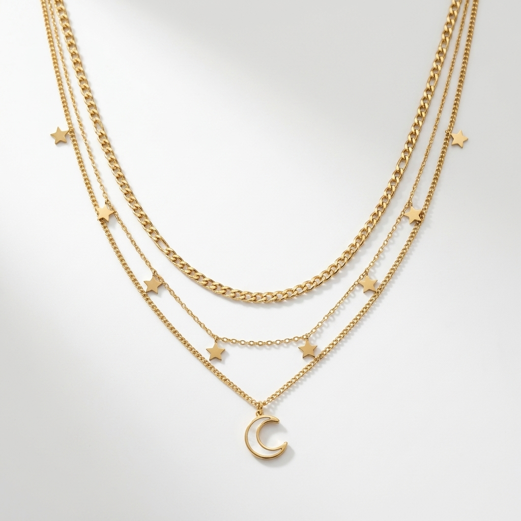 Crescent And Star Necklace, 18K Gold Plated Steel