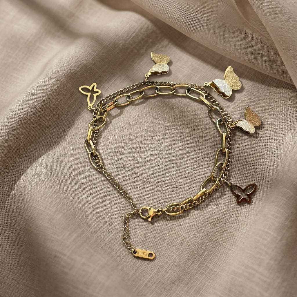 Butterflies Bracelet, 18K Gold Plated Steel