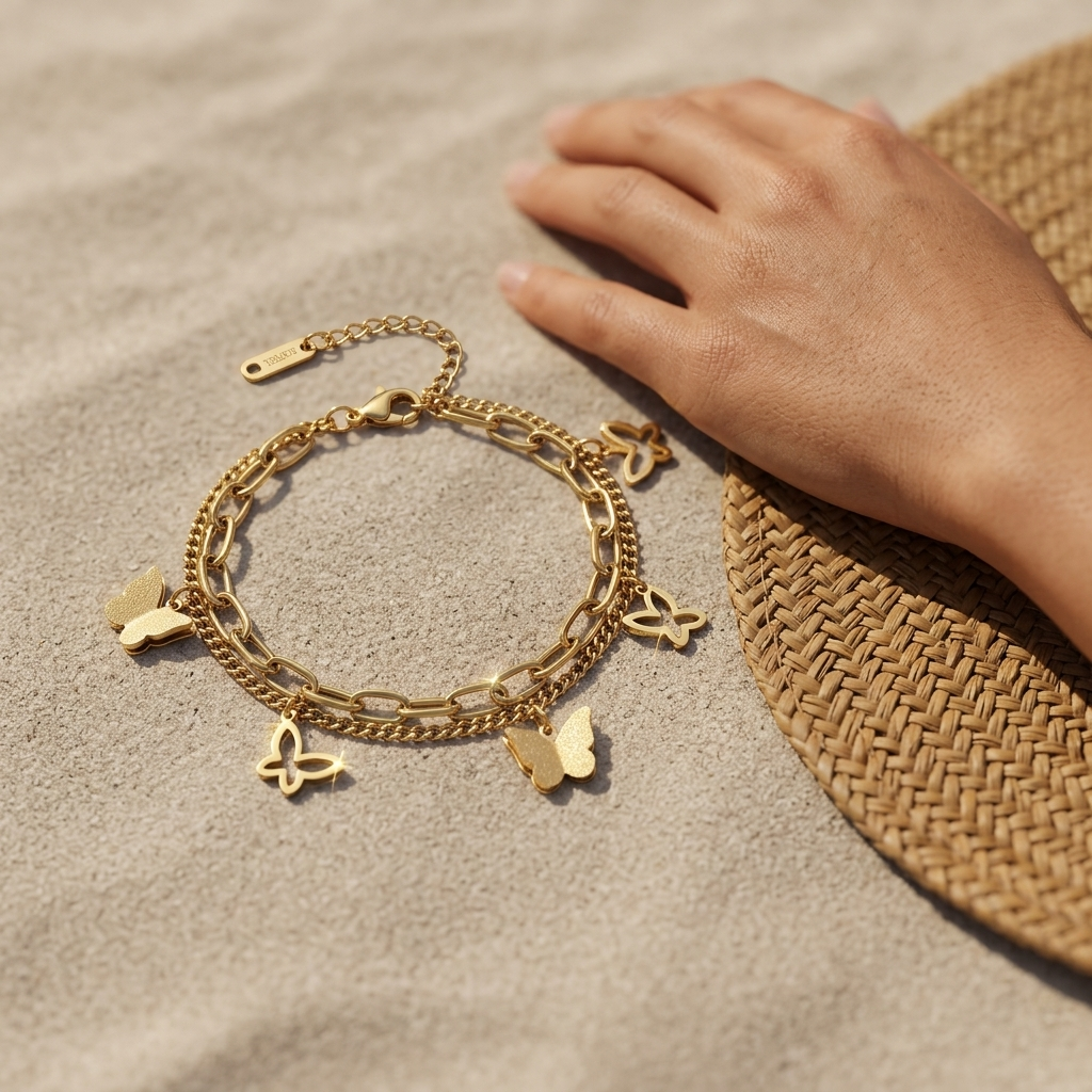 Butterflies Bracelet, 18K Gold Plated Steel