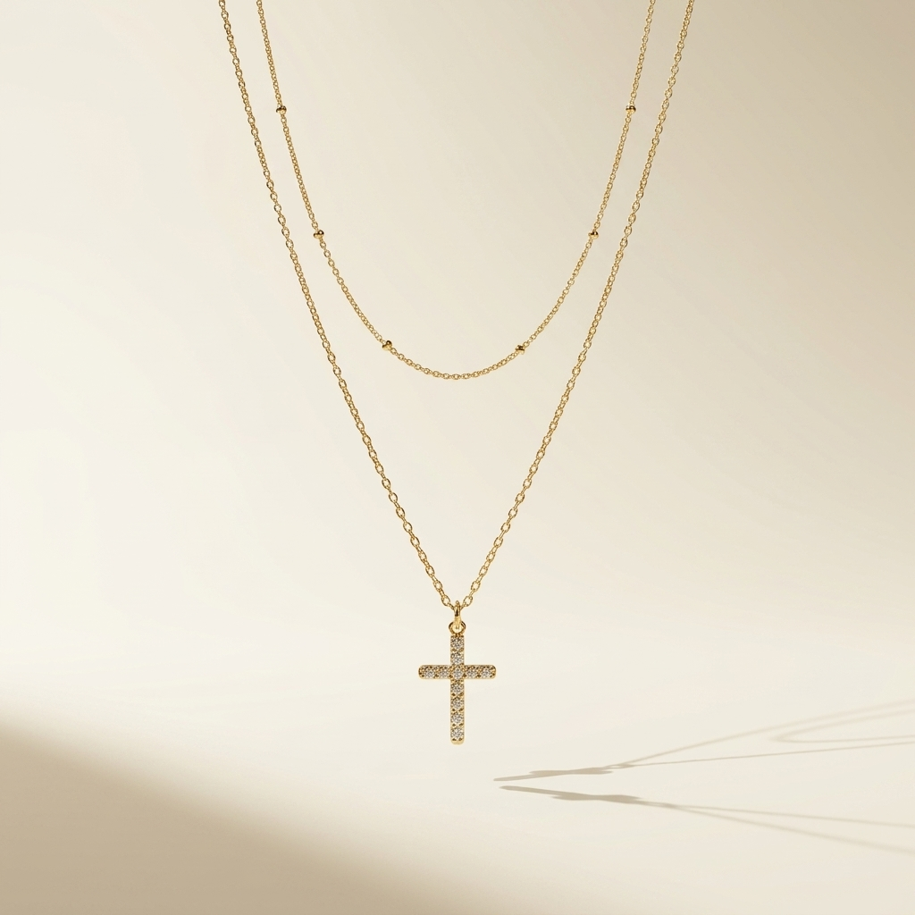 Crosses Necklace, 18K Gold Plated Steel stacked with two chains