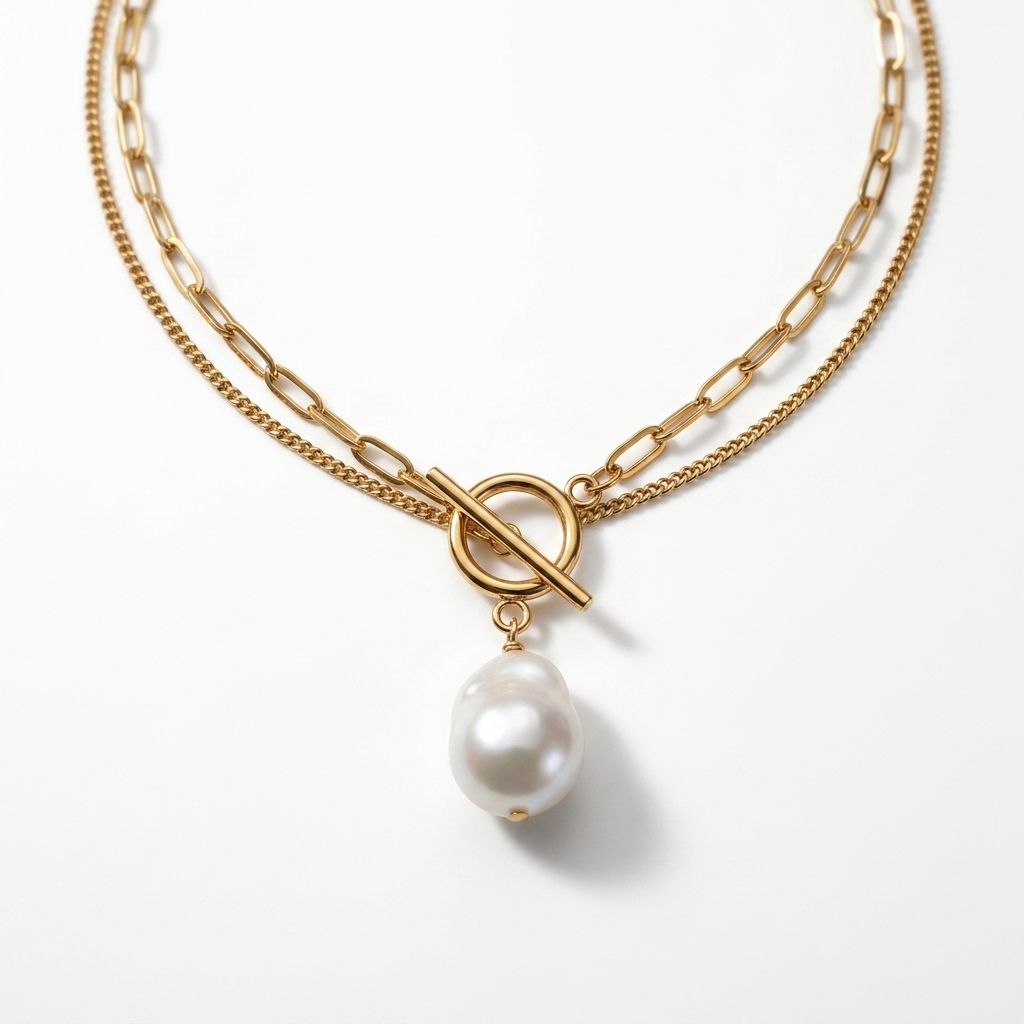 Necklace 18K Gold Plated Steel with pearl T bar