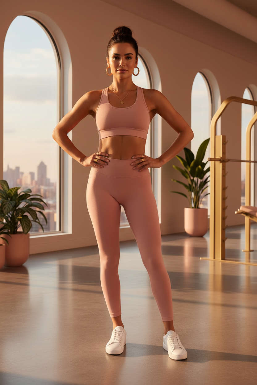 Woman in gym with gold jewellery - variation 2